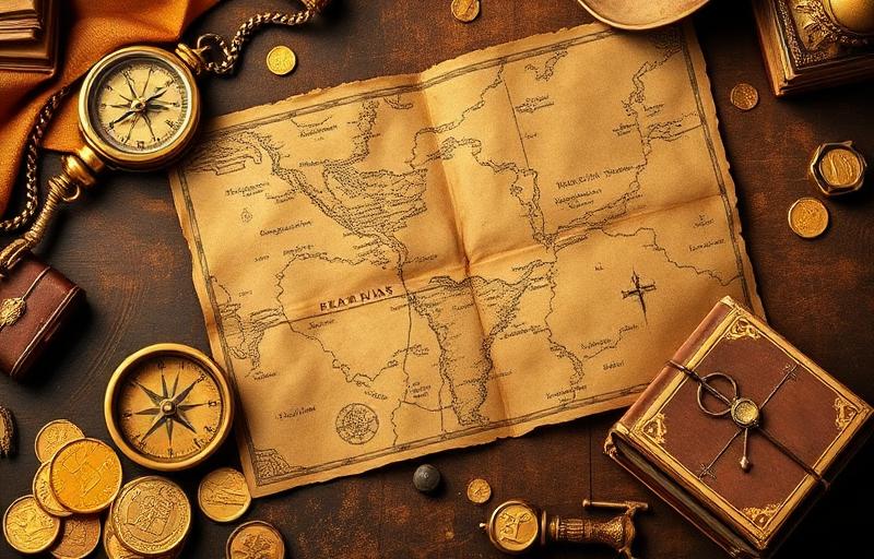 Adventure story illustration - treasure map, compass, ancient artifacts, journey theme