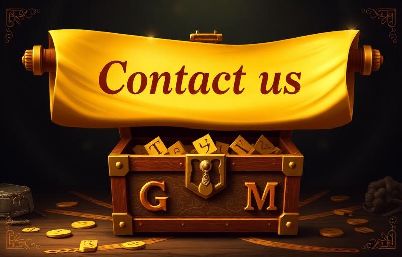 Contact us illustration - golden message scroll, treasure chest with letters, adventure communication theme