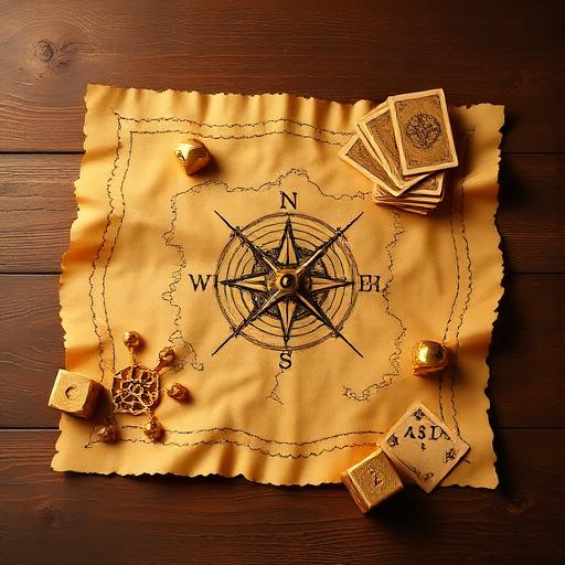 Treasure map with compass, golden game elements, adventure gaming theme
