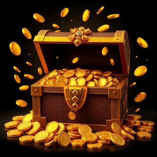 Golden coins and gems spilling from treasure chest, free gaming theme