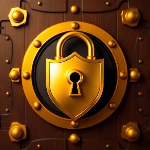 Golden lock and shield with treasure chest, secure vault background, adventure security theme