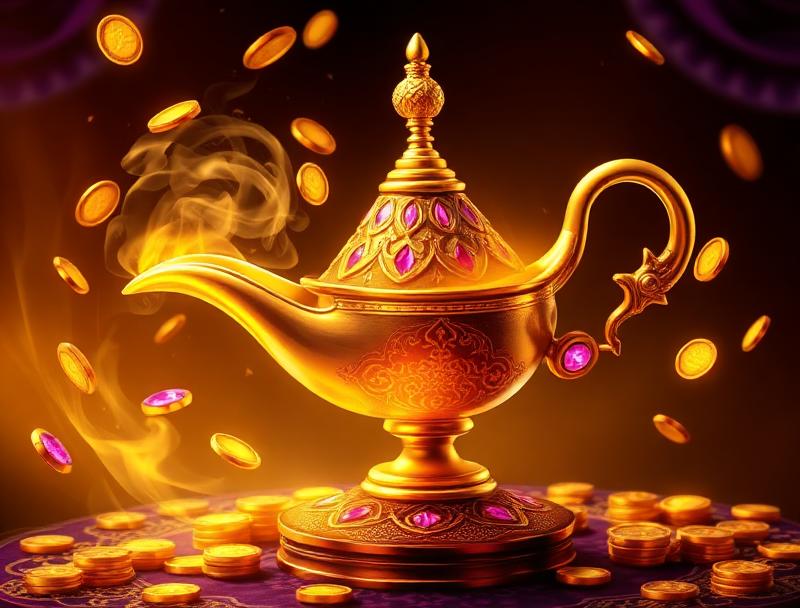 Mystical genie lamp with golden smoke, floating coins and gems, Arabian nights treasure theme, magical golden background