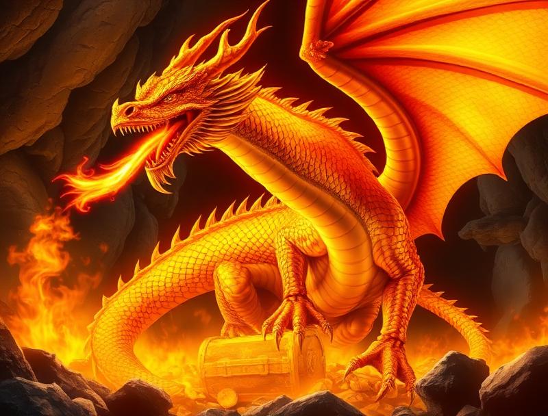 Dragon with golden scales, fire breath, treasure hoard, epic fantasy adventure background