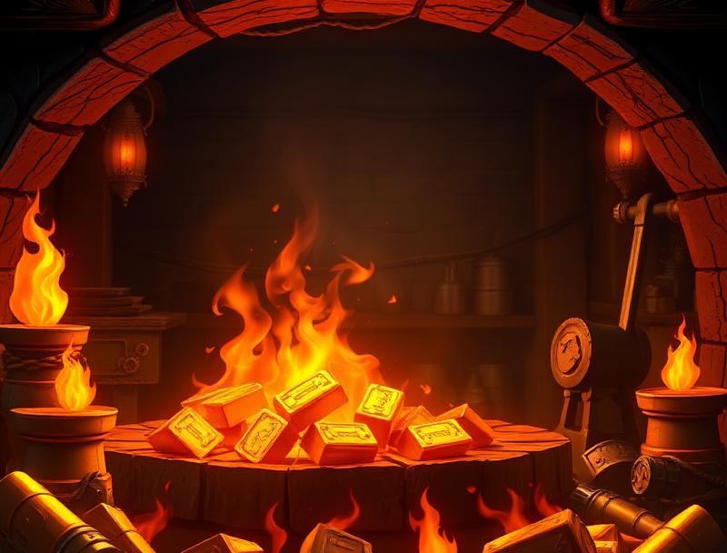 Mystical forge with flames, golden ingots, treasure being crafted, magical workshop background