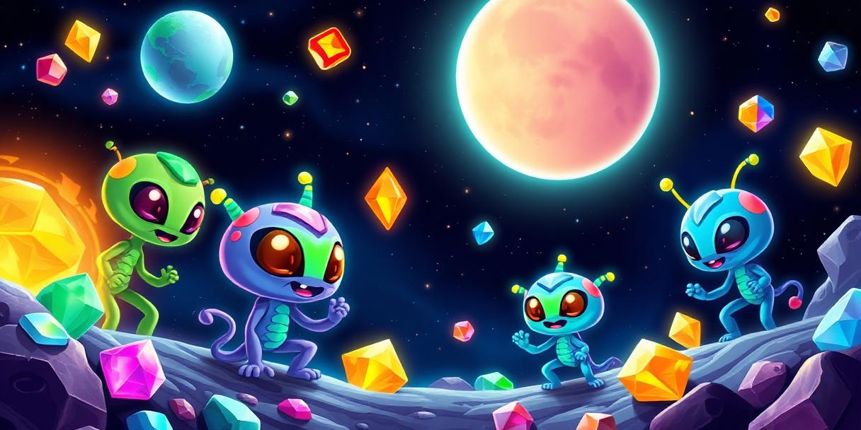 Reactoonz game header - alien creatures, space adventure theme, colorful gaming elements