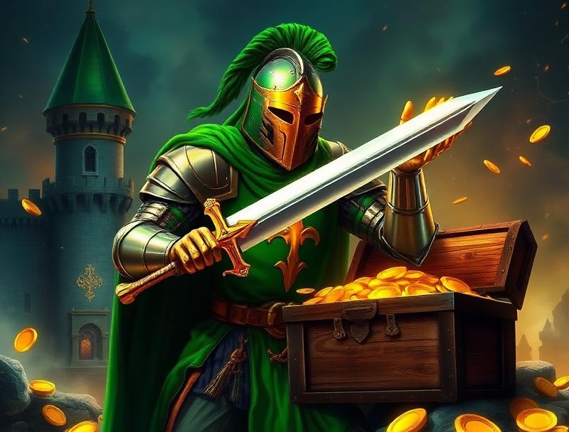 Medieval knight in green armor with sword, treasure chest, golden coins, castle background, adventure theme