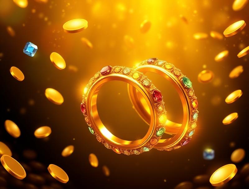 Golden rings with jewels, treasure hoard, ancient coins, prosperity and wealth theme