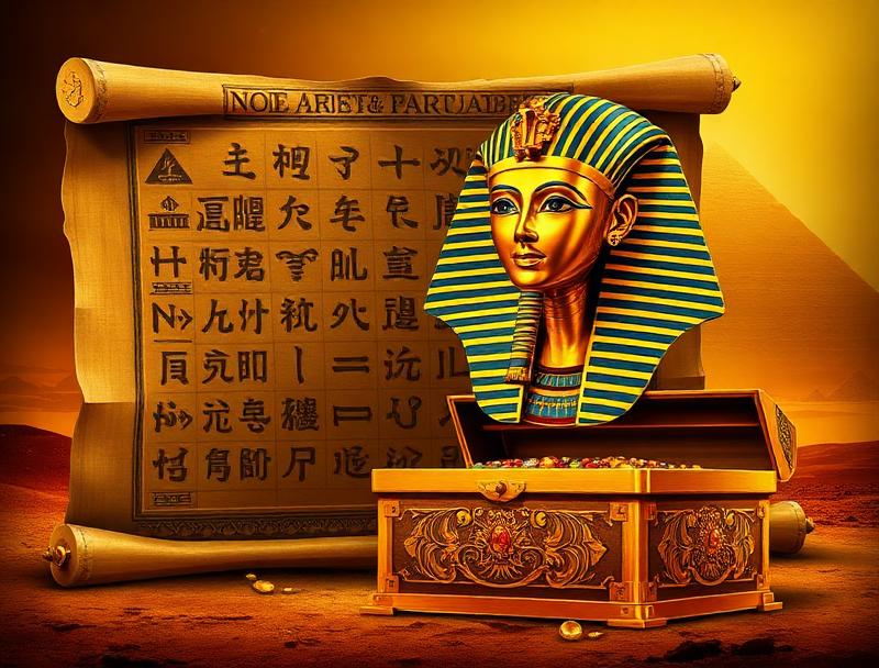 Ancient Egyptian scroll with hieroglyphs, golden pharaoh mask, treasure chest with jewels, desert pyramid background