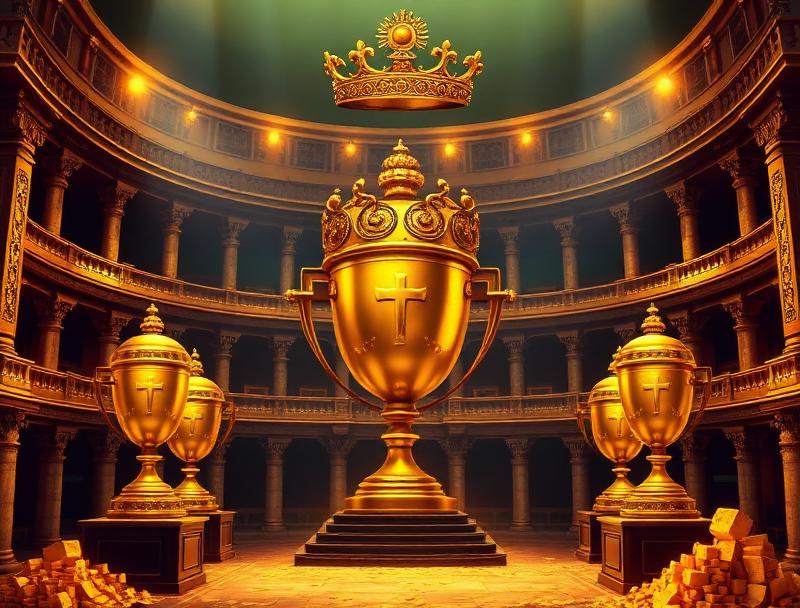 Ancient arena with golden trophies, champion's crown, treasure rewards, gladiator adventure theme