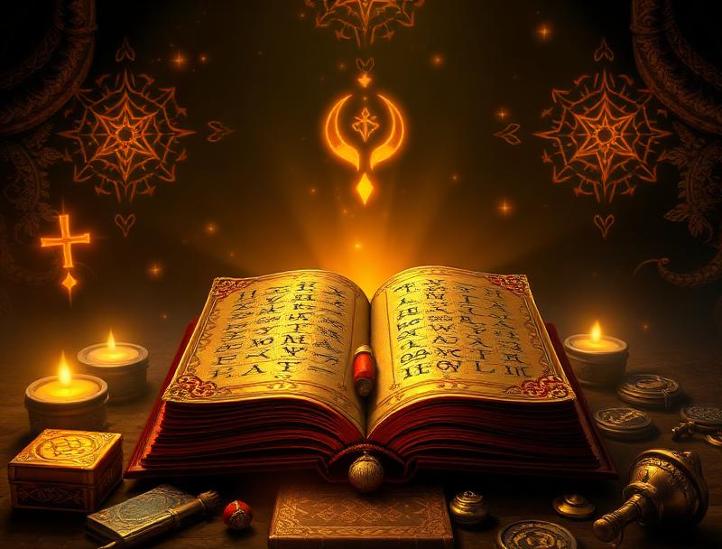 Ancient mystical tome with glowing runes and magical symbols, dark mysterious background with treasure elements
