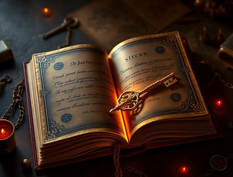 Lost ancient book with glowing pages, mysterious key, treasure map, dark adventure background