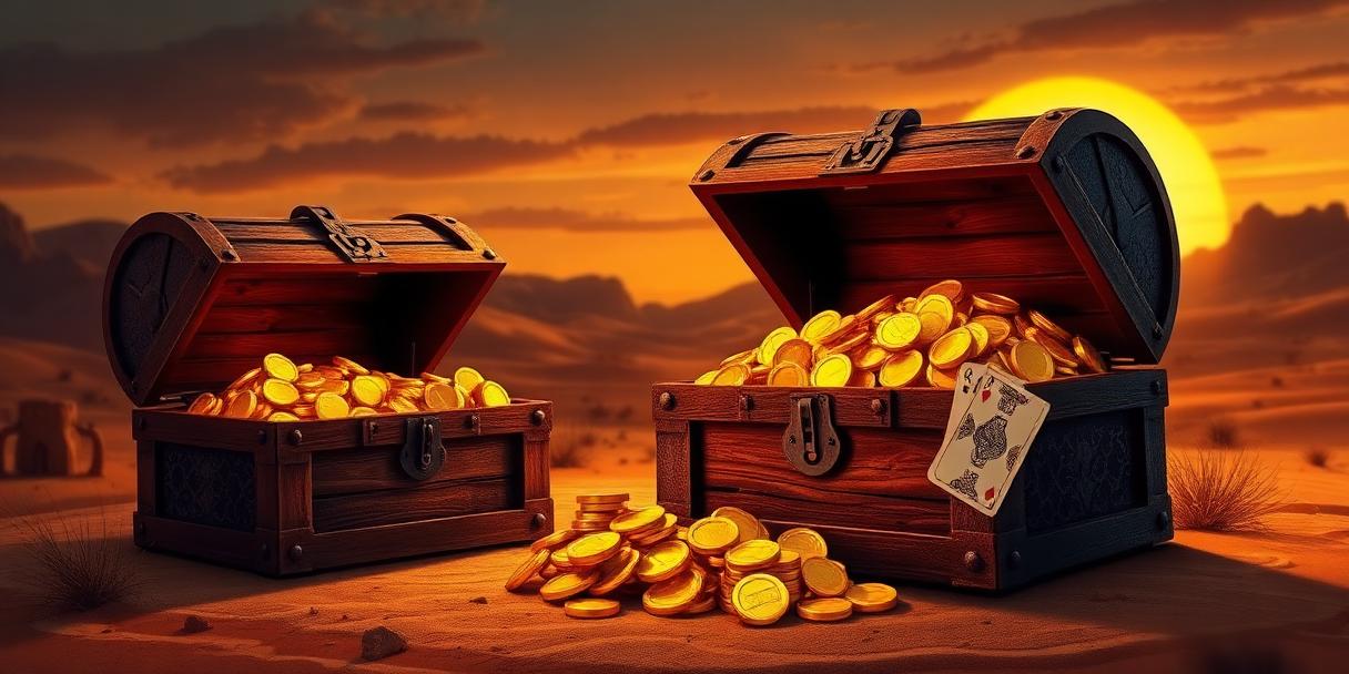 Wild west adventure, treasure chest, golden coins, desert background, wildest gambit theme